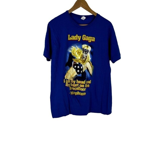 Lady Gaga Blue USA Telephone 2010 Vintage Shirt RARE Size Large Short Sleeve - Picture 1 of 9
